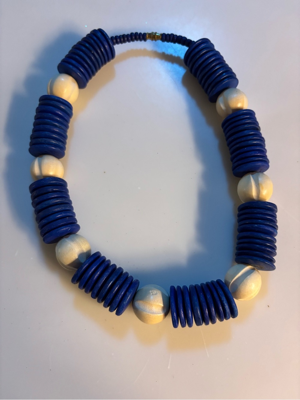 Blue and Cream Beaded Chunky Wood Boho necklace